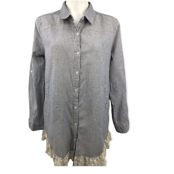Umgee blue white striped hi lo lace tunic - Picture 1 of 6